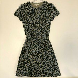 Loft Floral Navy/Tan Belted Short Sleeve Dress